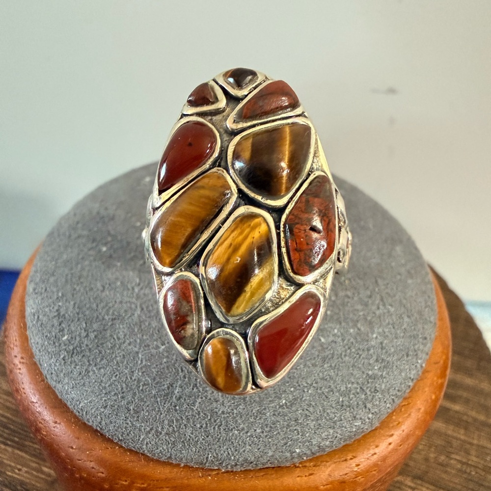 925, Sterling Multi Stone Red Jasper & Tigers Eye Oval Statement Ring Sz 9